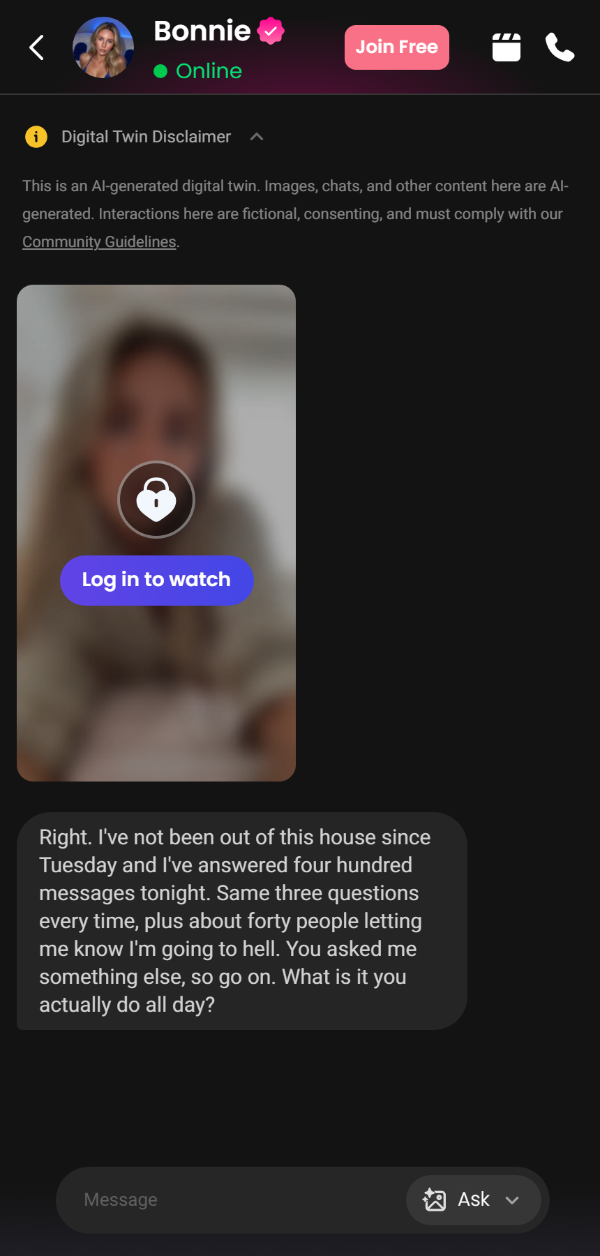 Candy.ai's chat screen -- the Digital Twin disclaimer, a media preview locked behind "Log in to watch", and the Ask button that generates images or video mid-conversation