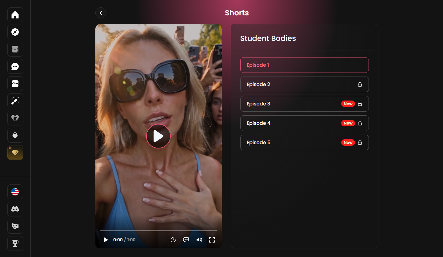 Candy.ai's Shorts player -- roughly minute-long episodes, with everything after the first one locked