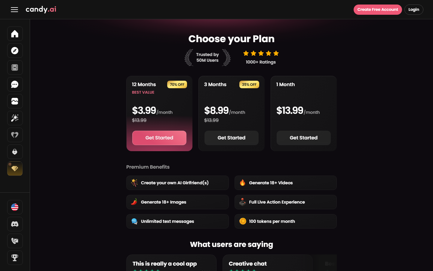 Candy.ai's plans -- $13.99 a month, falling to $3.99 a month on the 12-month term, with 100 tokens included