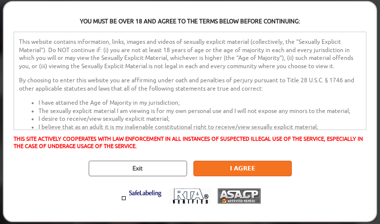 Chaturbate's 18+ age-verification and consent screen, with SafeLabeling / RTA / ASACP compliance badges