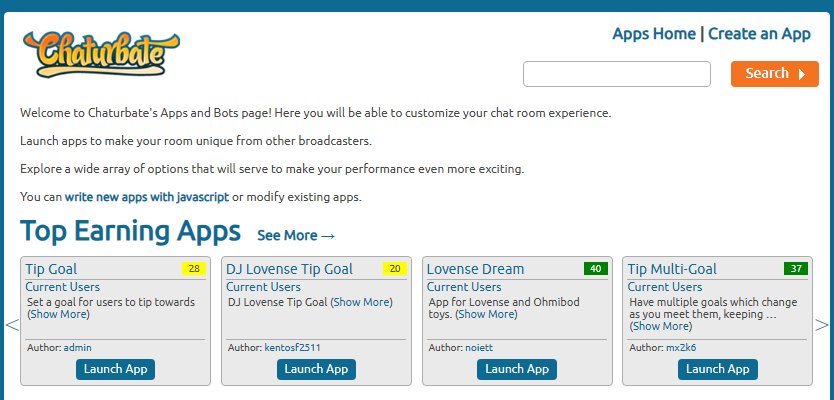 Chaturbate's Apps & Bots directory -- the Tip Goal, Lovense and multi-goal apps broadcasters run inside their rooms