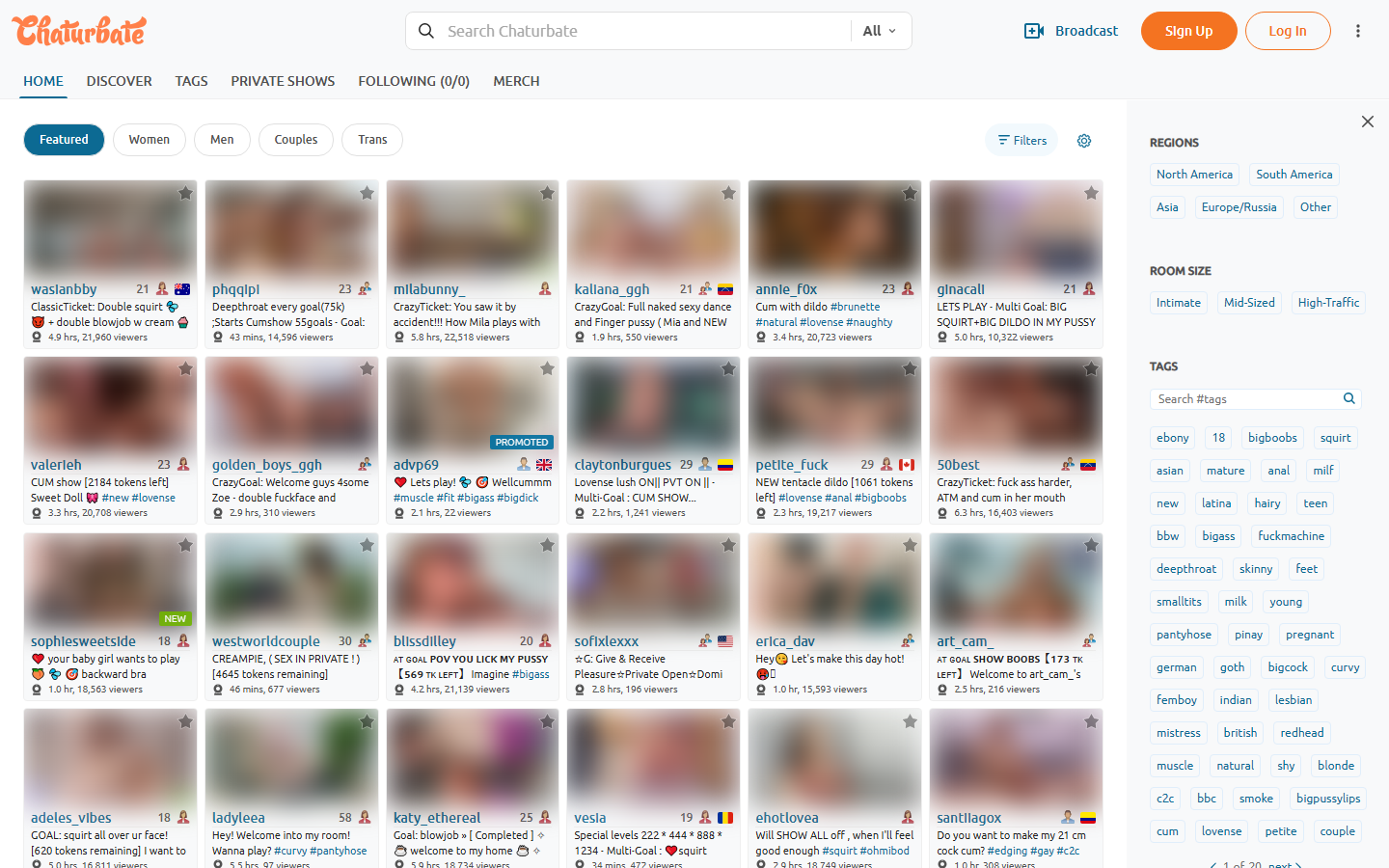 Chaturbate's front page -- every room's goal, tip target and viewer count on one screen, with region, room size and tag filters down the side. Thumbnails blurred.