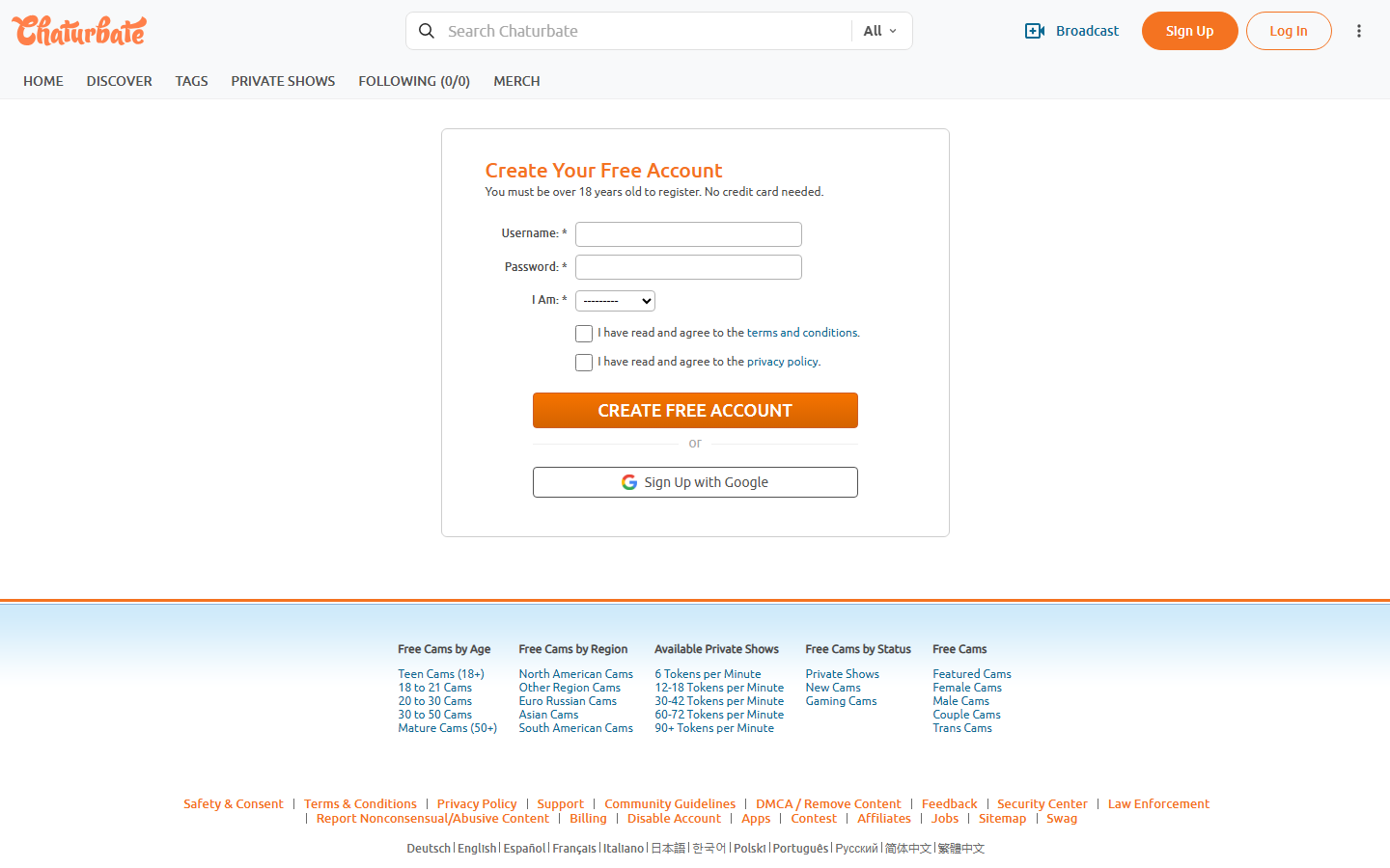 Chaturbate's free account signup form -- username, password, or continue with Google