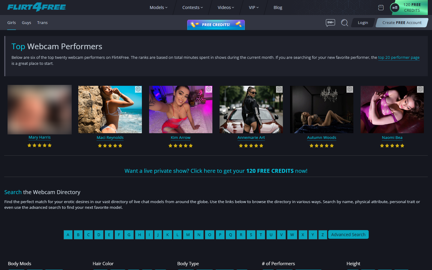 Flirt4Free's performer directory -- ranked by minutes spent in shows this month, with an A-Z index and attribute search below. One thumbnail blurred.