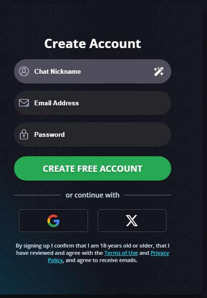 Flirt4Free's Create Account form -- nickname, email and password, or Google / X sign-in