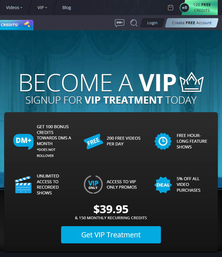Flirt4Free VIP at $39.95 a month, bundling 150 recurring credits, 200 free videos a day and access to feature shows