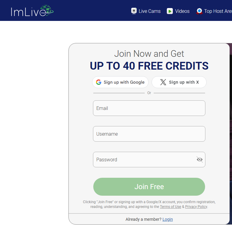ImLive's registration form, which offers up to 40 free credits on signup