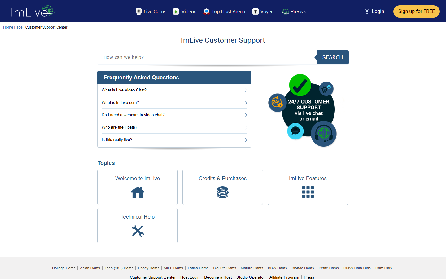 ImLive's customer support centre, with FAQ topics covering credits, purchases and technical help