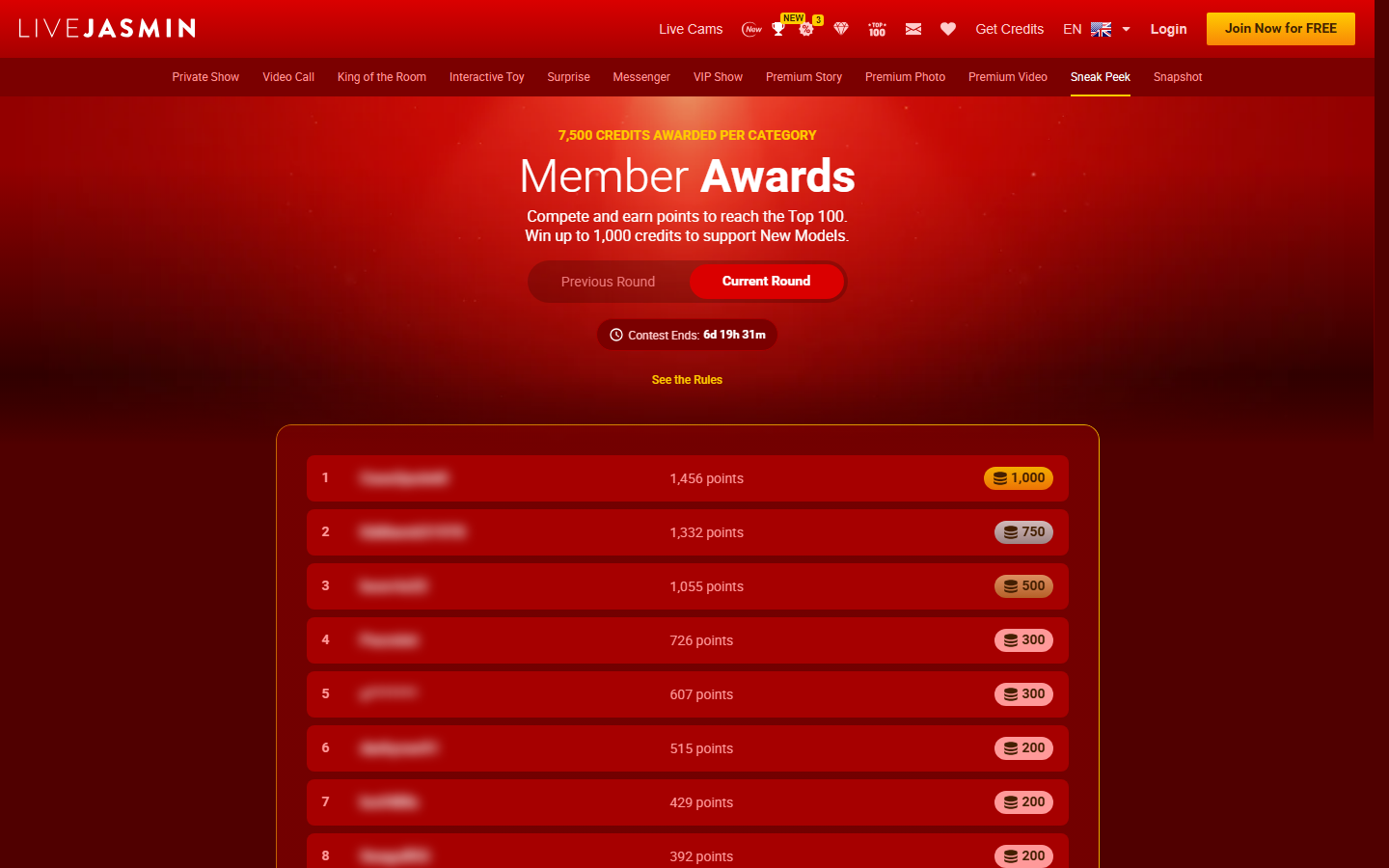 LiveJasmin's Member Awards leaderboard -- 7,500 credits handed out per category each round, with a separate contest for each show type. Member names blurred.
