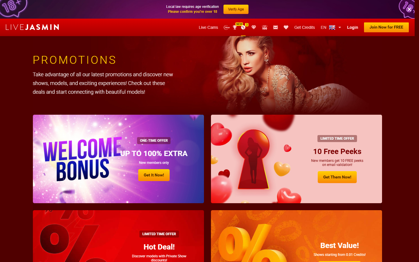 LiveJasmin's promotions page -- a 100% welcome bonus for new members, 10 free peeks on email validation, and private shows discounted from 0.01 credits