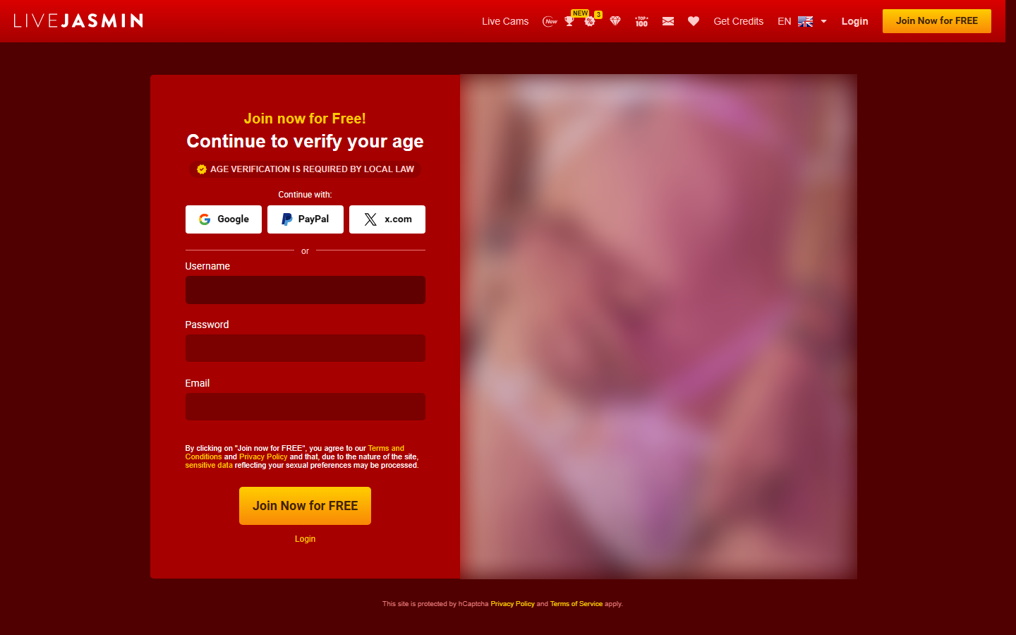 LiveJasmin's free registration form -- age verification is required, with Google, PayPal or X as sign-in options