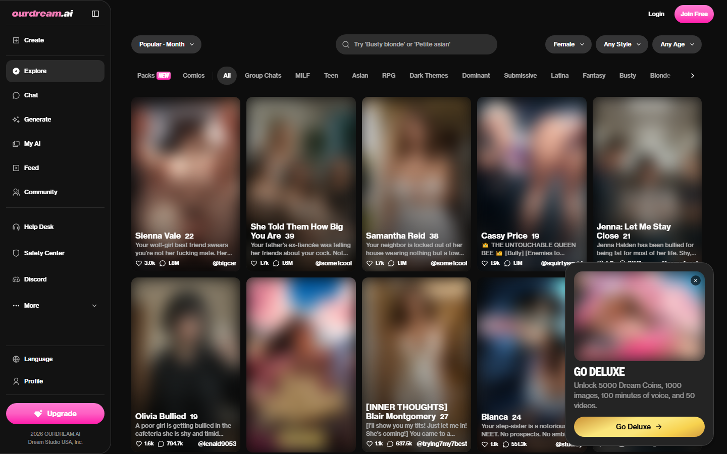 OurDream's explore page -- opening scenes above, characters below, and the filter rail across the top. Card art blurred.