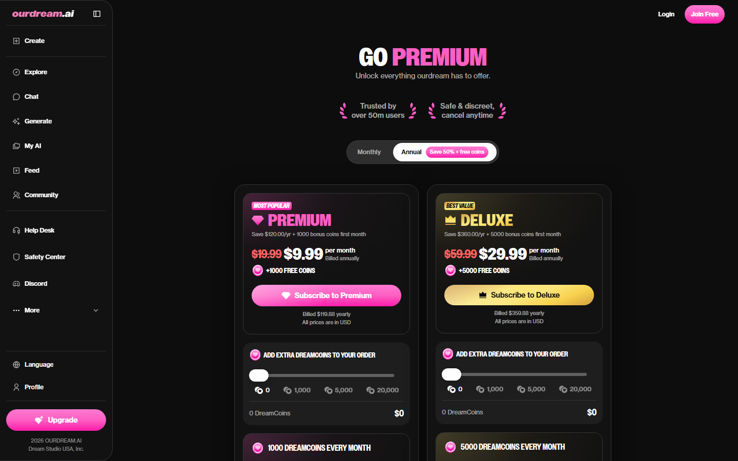 OurDream Premium at $9.99 and Deluxe at $29.99 a month billed annually, with DreamCoins bundled in