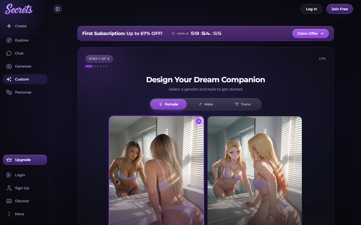 Secrets.ai's six-step companion builder, starting with gender and a realistic or anime art style.