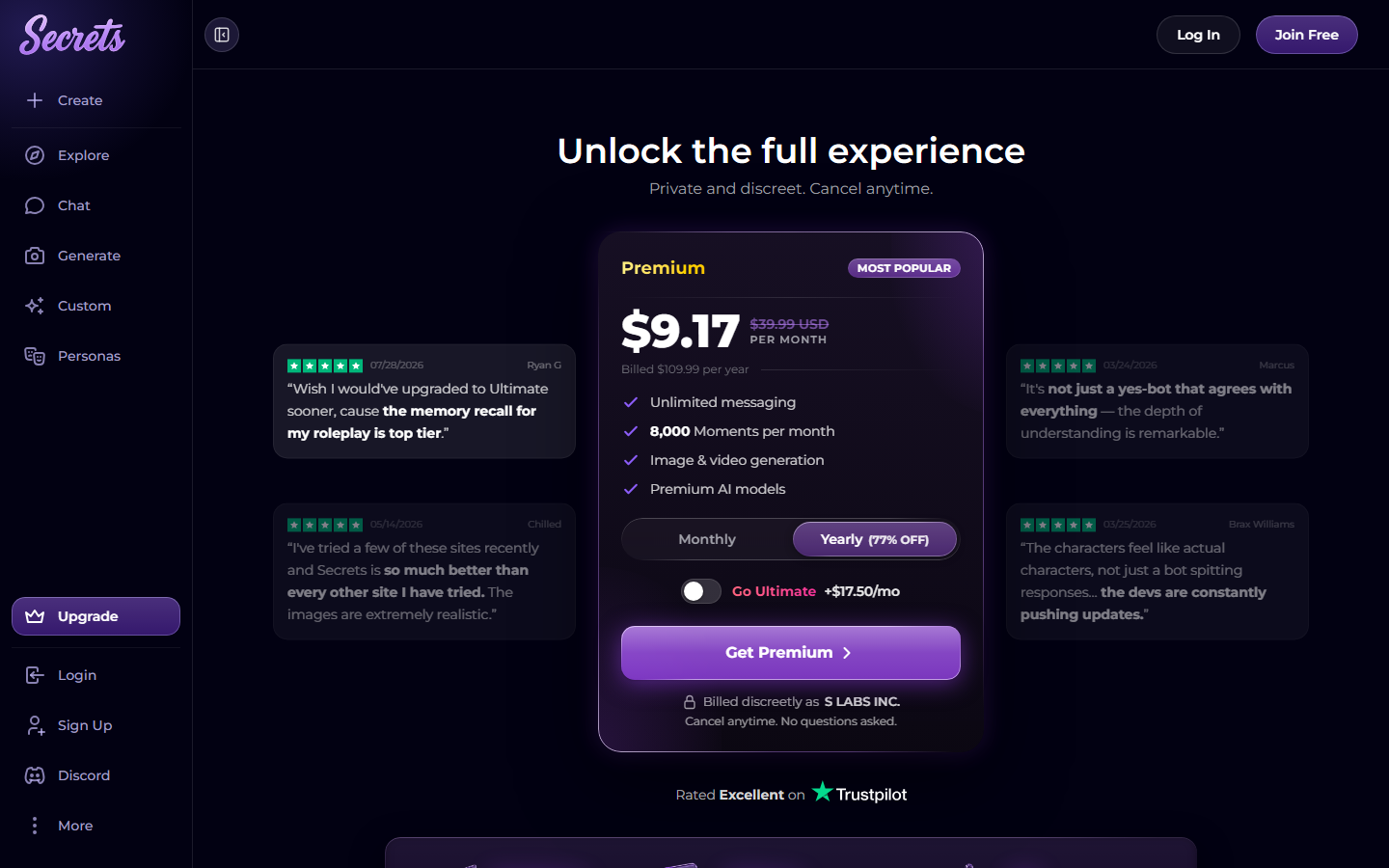 Secrets.ai Premium at $9.17 a month billed yearly, charged discreetly as S LABS INC.