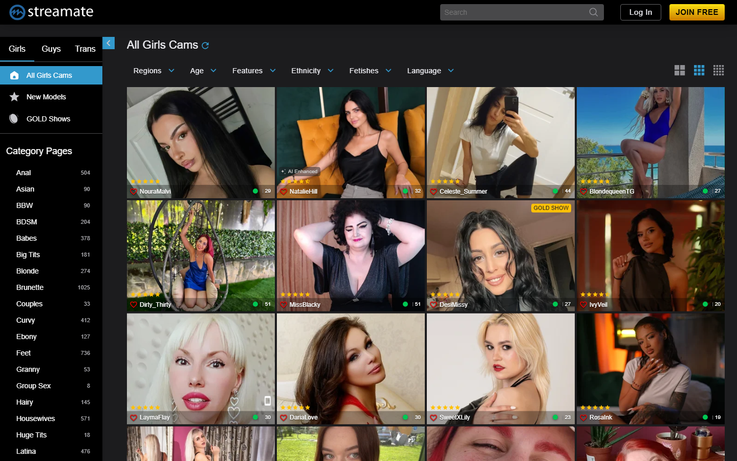 Streamate's model grid -- category counts down the side and filters for region, age, features, ethnicity and language across the top.