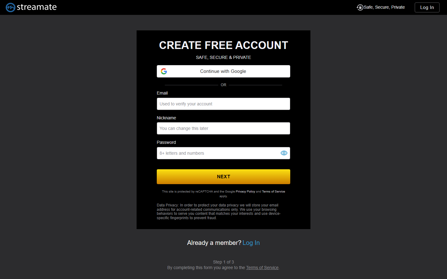 Streamate's signup -- step 1 of 3, asking only for email, nickname and password