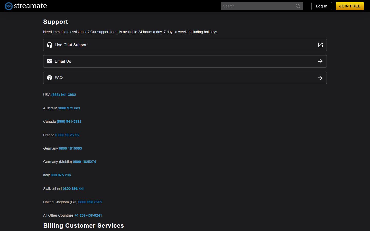 Streamate's support centre -- 24/7 live chat, email and freephone numbers for ten countries