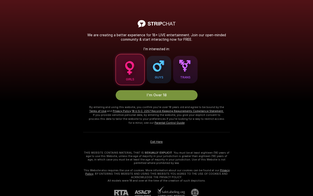 Stripchat's age-verification entry screen, showing 18+ confirmation and RTA / ASACP / 2257 compliance badges