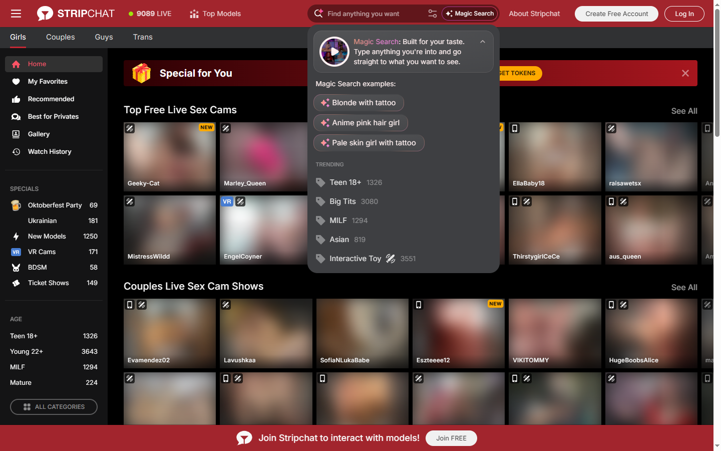 Stripchat's Magic Search -- a plain-English search box with worked examples, and trending tags carrying a live model count.